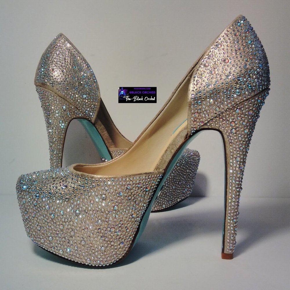 BETSEY JOHNSON 7 STAR SPARKLY RHINESTONE PLATFORM HEELS blue collection - Picture 7 of 16